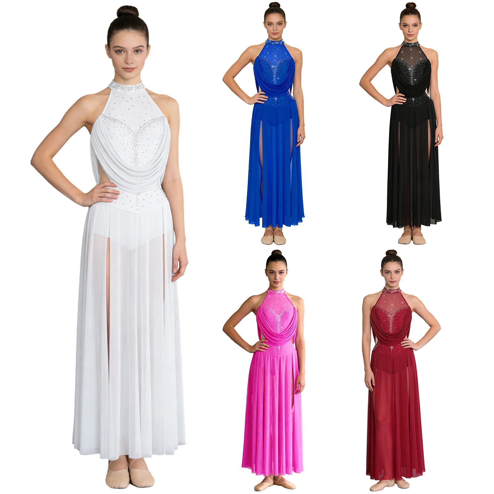 

Women Modern Lyrical Dance Costume Halter Sleeveless Shiny Rhinestones Mesh Skating Gymnastics Acrobatics Ballet Leotard Dress