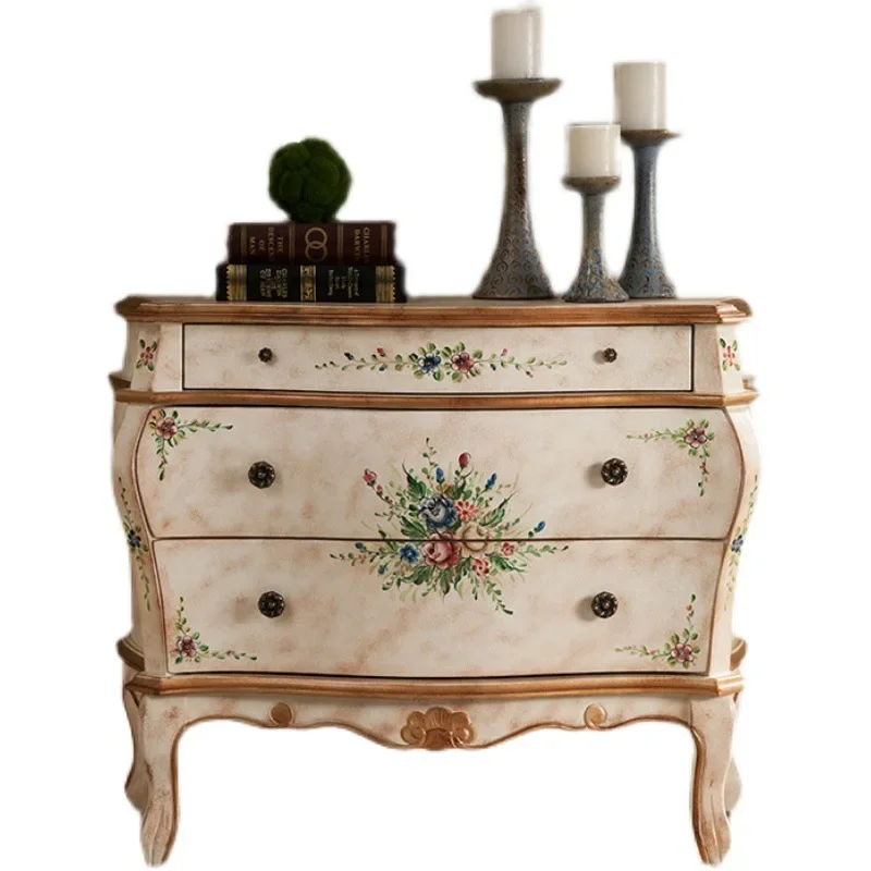 DSA Painted Entrance Cabinet Solid Wood Three-bucket Drawer Cabinet Locker Vintage White Painted Side Cabinet