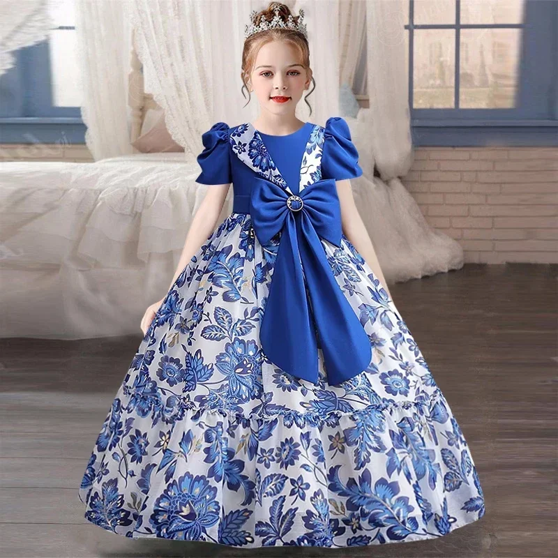 4-12year New Summer Girls' Dress Chiffon Big Bow Party Dress Printed Outgoing Photography Clothing 4-12 Year Old Childrens Cloth