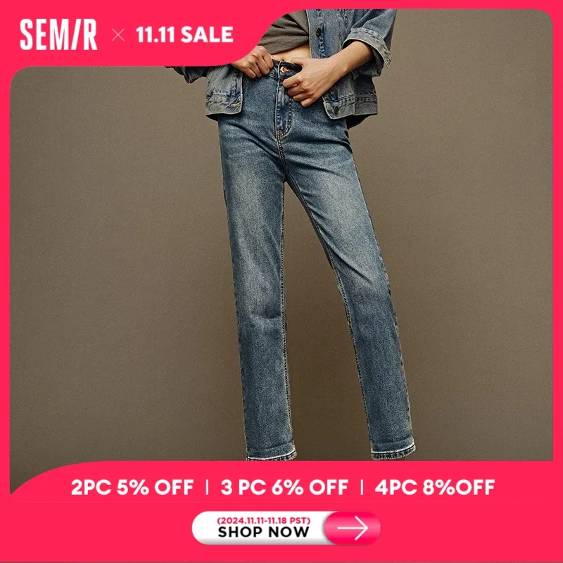 Semir Jeans Women Distressed Long Trousers 2024 New Winter Fleece Straight-Leg Trousers