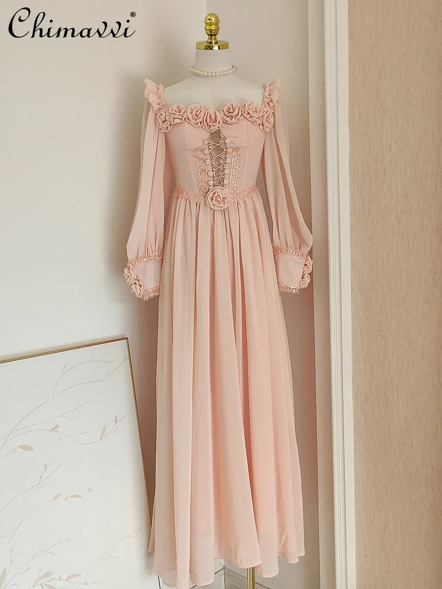 

French Elegant 3D Flower Ruffles Mesh Stitching Embroidery Sequins Long Sleeves High Waist Drawstring Slim Dress Women Autumn