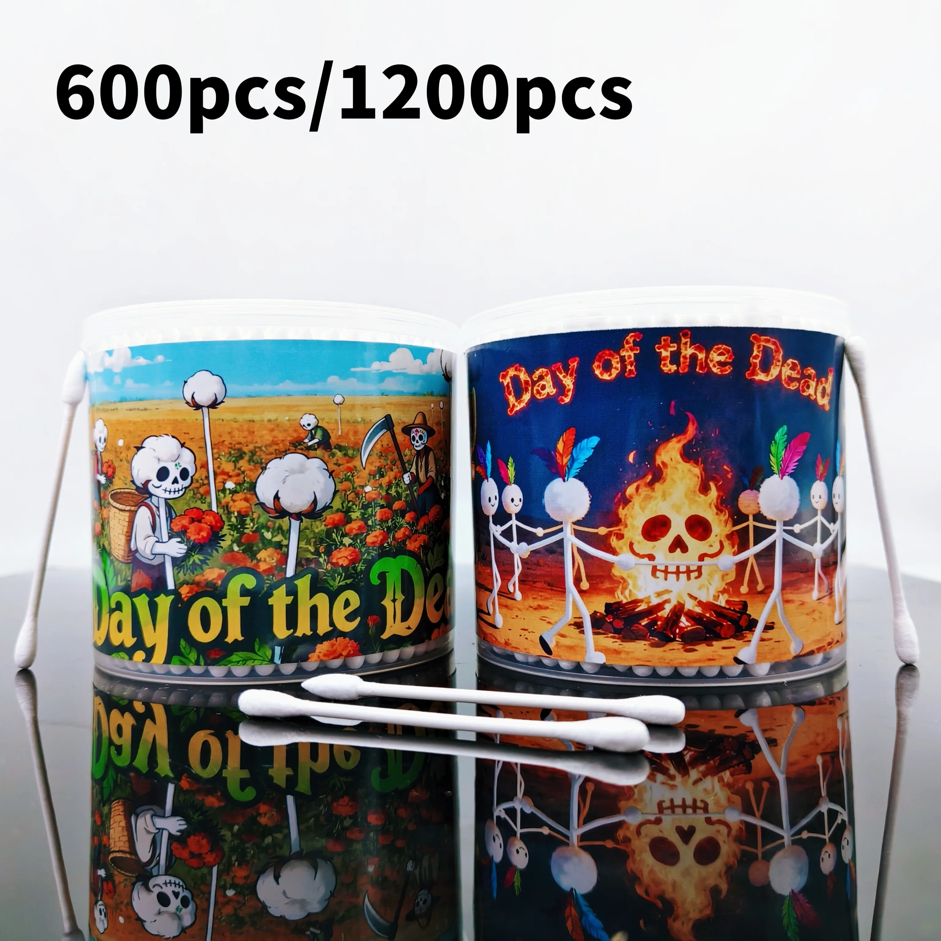 300 قطعة/600 قطعة مسحات قطنية برأسين على الطراز المكسيكي، يوم الموتى مسحات قطنية مزدوجة مستديرة ومدببة مستديرة للبالغين