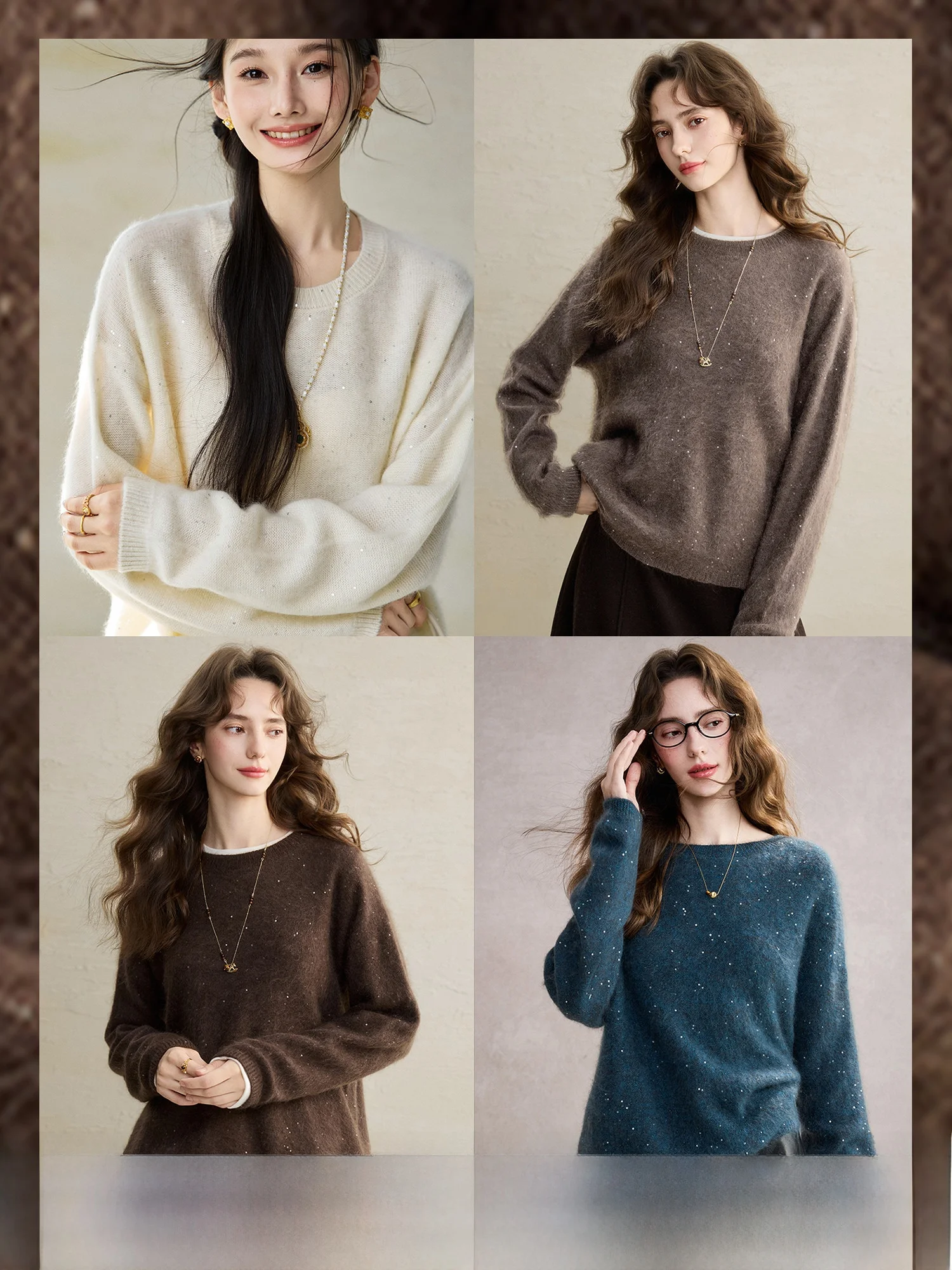 

Cascading Star Knitted Sweater Fine iny Beads Furry eep Camere Wool Winter Warm round Ne Thiened Long Sve Women'...