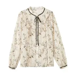 Elegant Lace Up Bow Printed Ruffles Puff Sleeve Shirts Women's Clothing 2024 Autumn New Loose All-match Tops Chic Floral Blouses