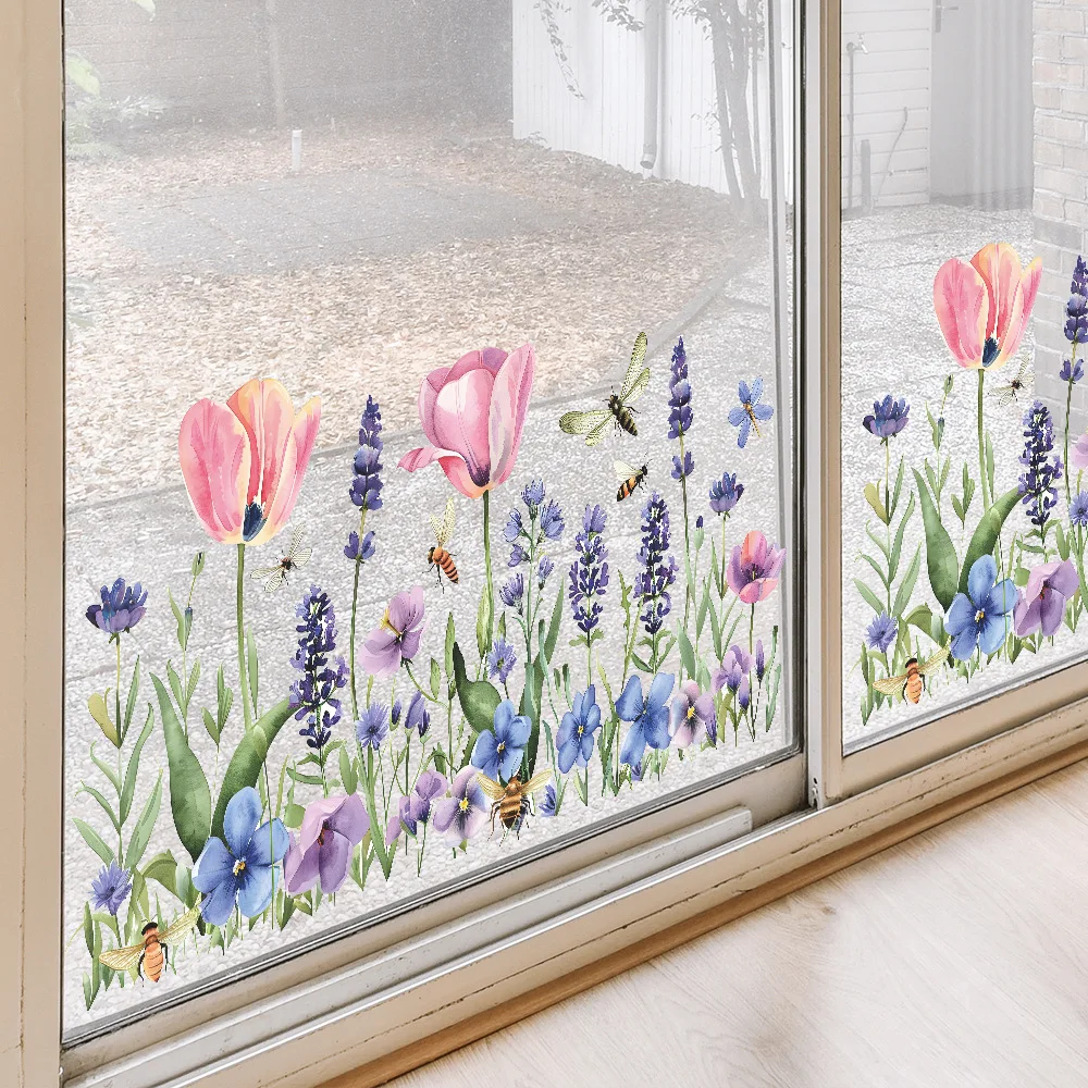 Frühlingsblumen Fensteraufkleber Glas statische Aufkleber für Schlafzimmer Wohnzimmer Dekor Kunst Aufkleber Kinder Mädchen Zimmer Dekoration Wandbild