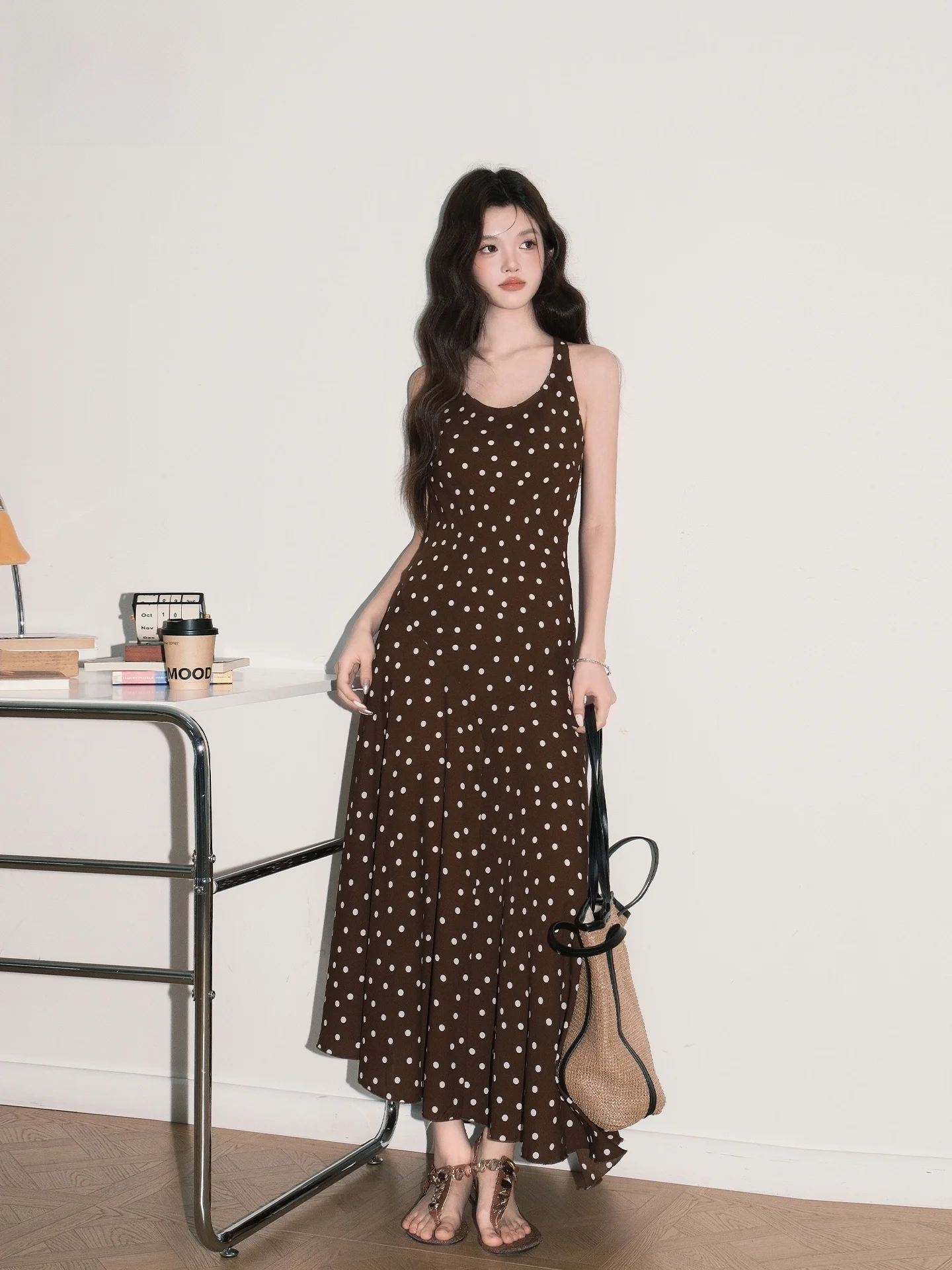 

Retro Coffee Dot Halter Dress Women's Slim Fit Summer High Waist Asymmetrical Long Dress Casual Style Gathered X-Shape Skirt