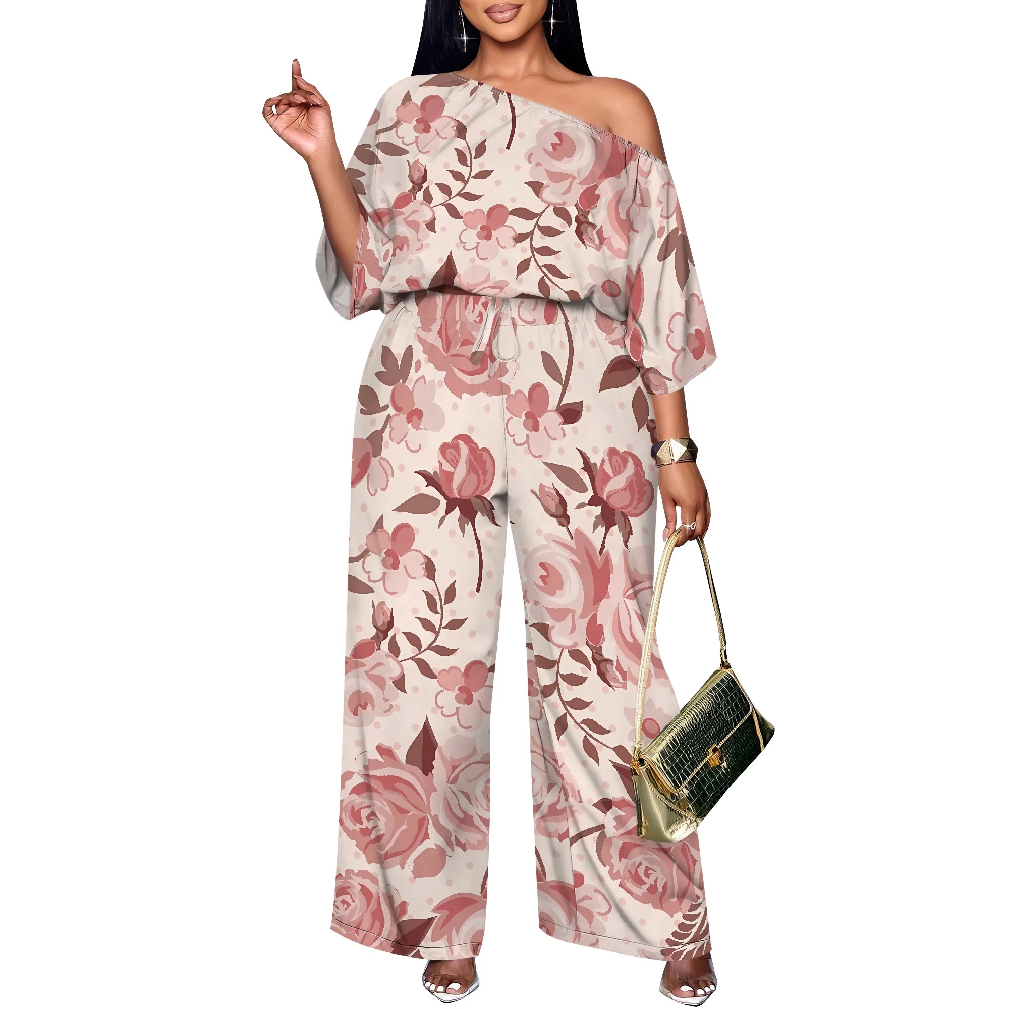 Nupusa Rose Print Two - Piece Set for Women Standard Size Summer Casual Off - Shoulder Half Sleeve Wide Leg Set