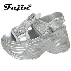 Fujin 8.5cm sandały na platformie buty na koturnie slajdy dla kobiet letnie buty Bling Bling Chunky sneakers kapcie kobiece Casual Beach