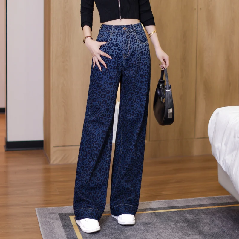 

Американские ретро популярные джинсовые широкие брюки с леопардовым принтом для женщин, весенне-осенние новые свободные универсальные прямые брюки с высокой талией