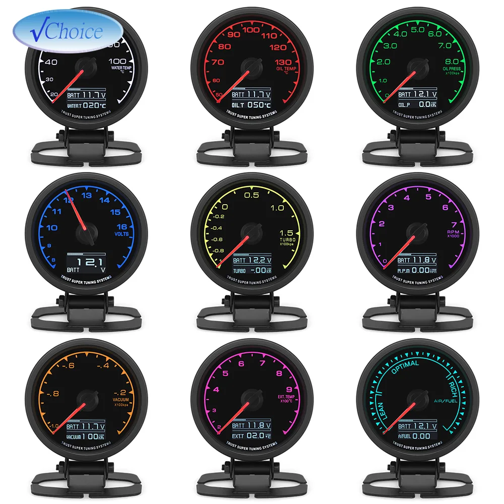 Boost Gauge Water Temp 7-color Backlight LCD LED Display Turbo Oil Pressure RPM Tachometer voltmeter Exhaust temp Racing Mete