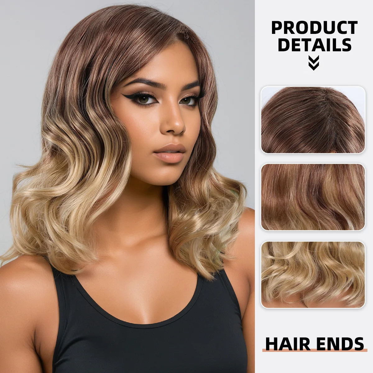 Cross border European and American wig sets with medium to long curly hair in a gradient brown color-Synthetic fiber wig