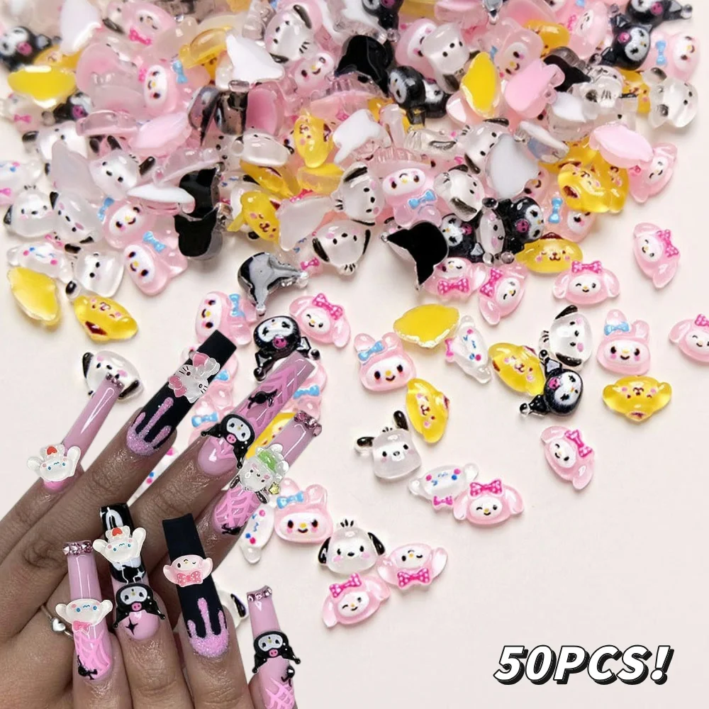 50pcs Bulk Kawaii Mixed Hello Kitty Kuromi DIY Nail Art Jewelry Decor MINISO Cute 10mm Mini Resin Rhinestone for Nail Decoration