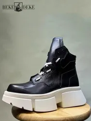 Grube dno męskie buty z prawdziwej skóry z okrągłymi noskami designerska platforma wybiegowa buty za kostkę modne Hip Hop casualowe męskie krótkie buty