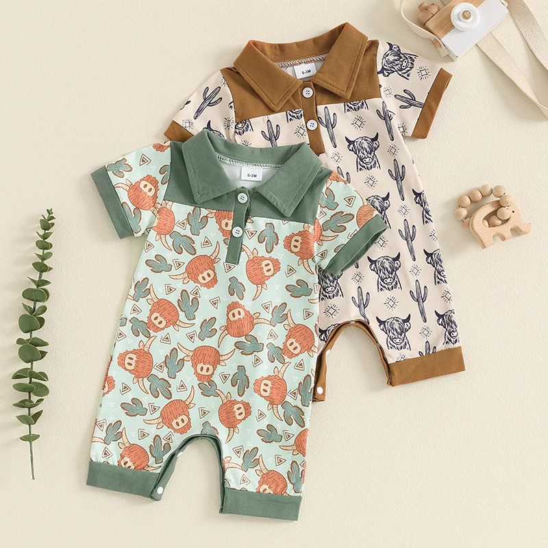 

2024-05-018 Lioraitiin Newborn Baby Boy Romper Casual Cattle Cactus Print Lapel Neck Short Sleeve Jumpsuit Summer Clothes