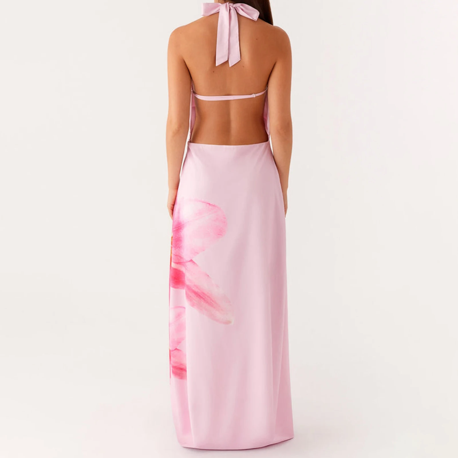 Combhasaki ผู้หญิง Elegant Lace-up Halter Cowl คอสายรัดปรับ Backless ดอกไม้พิมพ์ฤดูร้อน Silky ชุดยาว