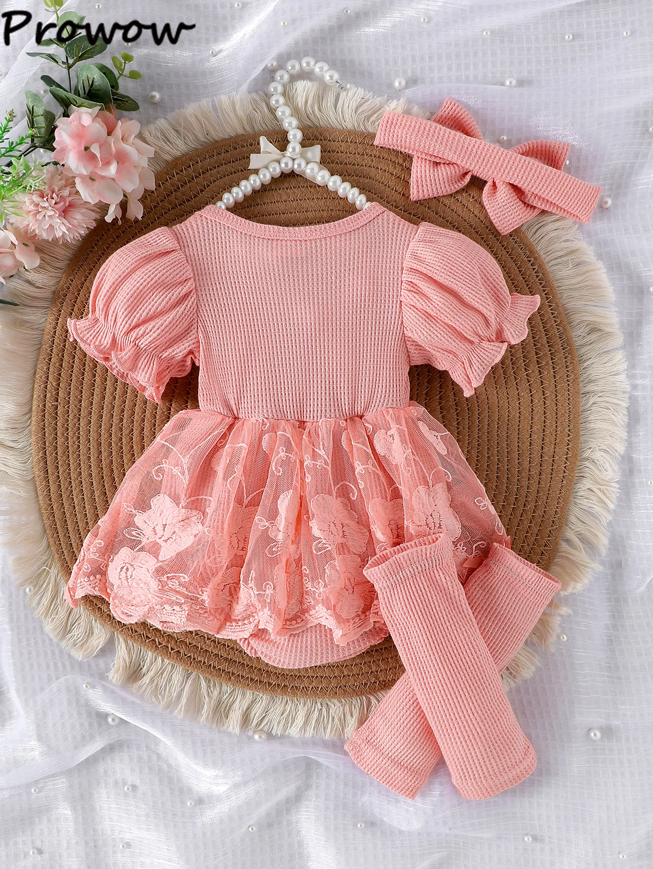prowow-ベビーボディスーツドレス女の子服夏ピンクレースフラワーロンパース靴下ヘッドバンド-3-個新生児幼児ワンピース