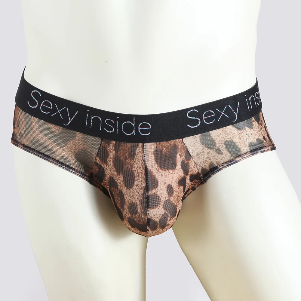 Mens Sexy Mesh Boxer Briefs See Through Striped Printed Underwear Man Low Rise Penis Pouch Underpants Male Sexy Leopard Panties