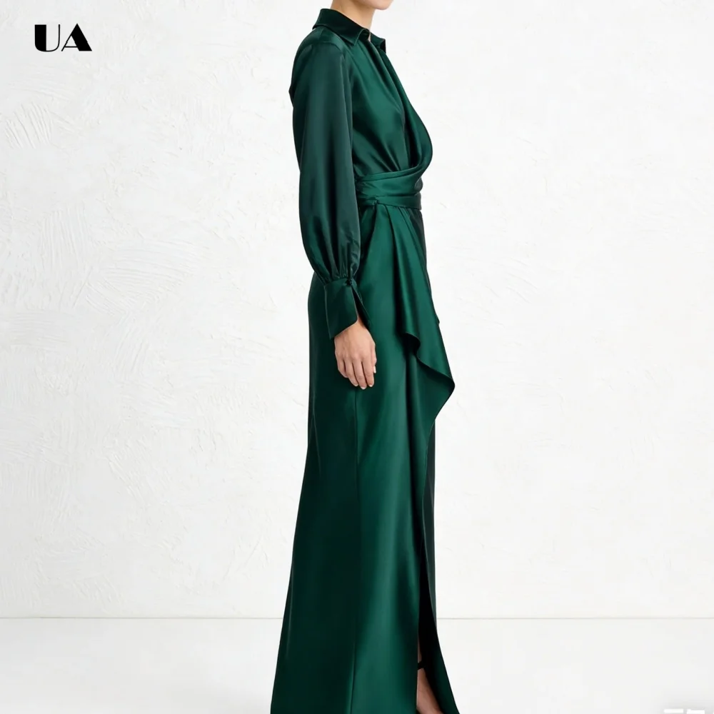 Abito da ballo a colonna alla moda con colletto rovesciato, abito da sera solido a maniche lunghe con dettaglio bottoni, abito da festa personalizzato