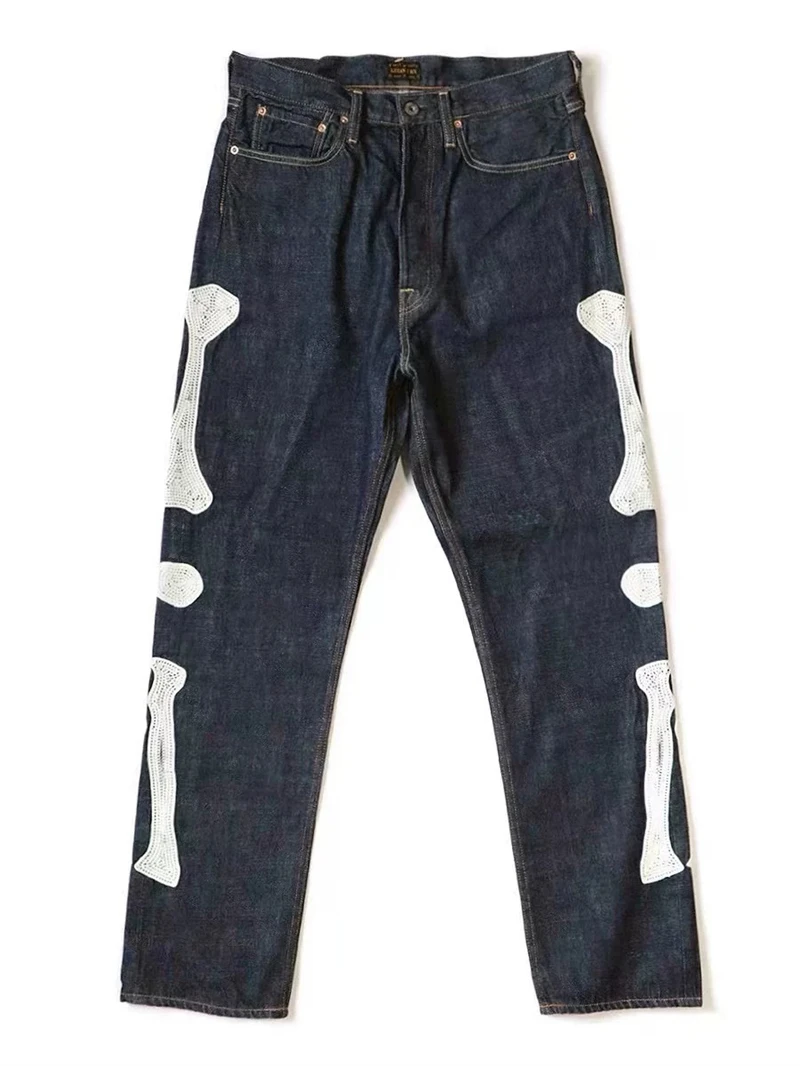 

Hirata Hohiro Casual Bone Skeleton Embroidery Pattern Loose Straight Leg Jeans mid Waist Long Trousers Youth Fashion Denim Pants