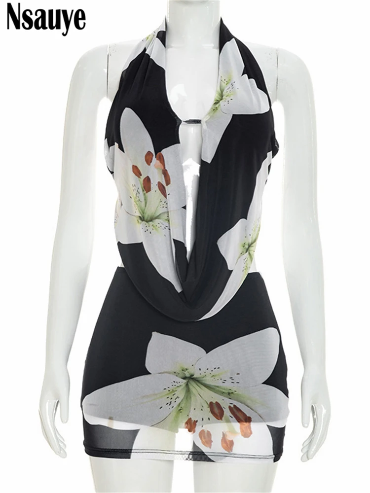 Nsauye Summer Women New Fashion Holiday Halter Vest Tops Mini Bodycon Short Beach Floral Print Sexy Skirt Two Piece Set 2026 - Image 5