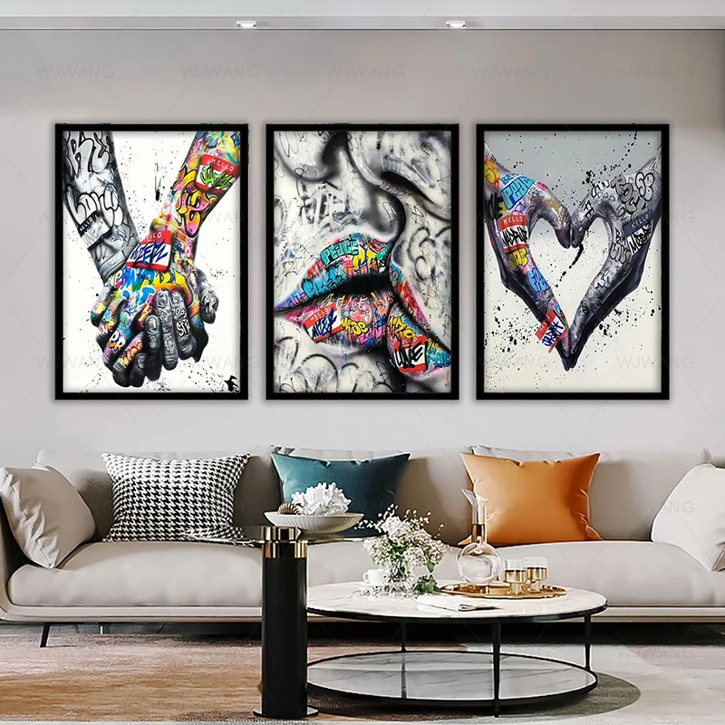 Banksy Love and Kissing Art, cadeau pour amoureux, peinture sur toile Graffiti coloré, affiches d'art murales Pop imprimées, décoration de salon et de maison