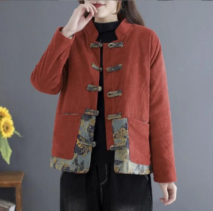 New Arrival Winter Chinese Classical Women Corduroy Cotton Coat Plush Thick Jacket Ladies Casual Long Sleeve Keep Warm Jackets