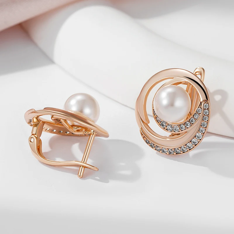 SYOUJYO Pearl Drop Earrings For Women 585 Rose Gold Color Bride Wedding Jewelry Natural Zircon Vintage Earrings