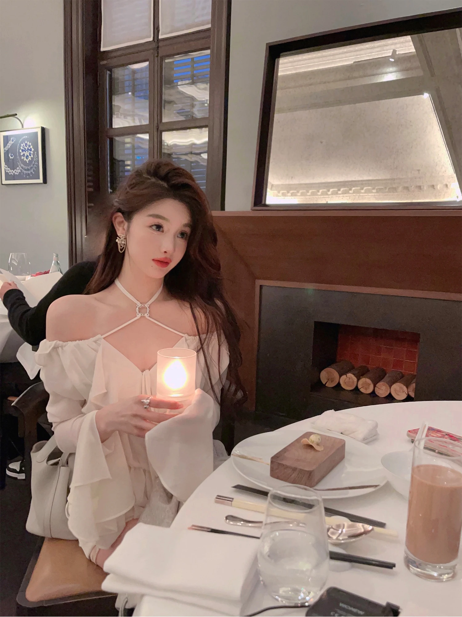 

FairyJiang White Hanging Ne Chiffon Top Bell Sve Aosphere Sense Lace Trim Fairy Feeling Small irt Sli Top