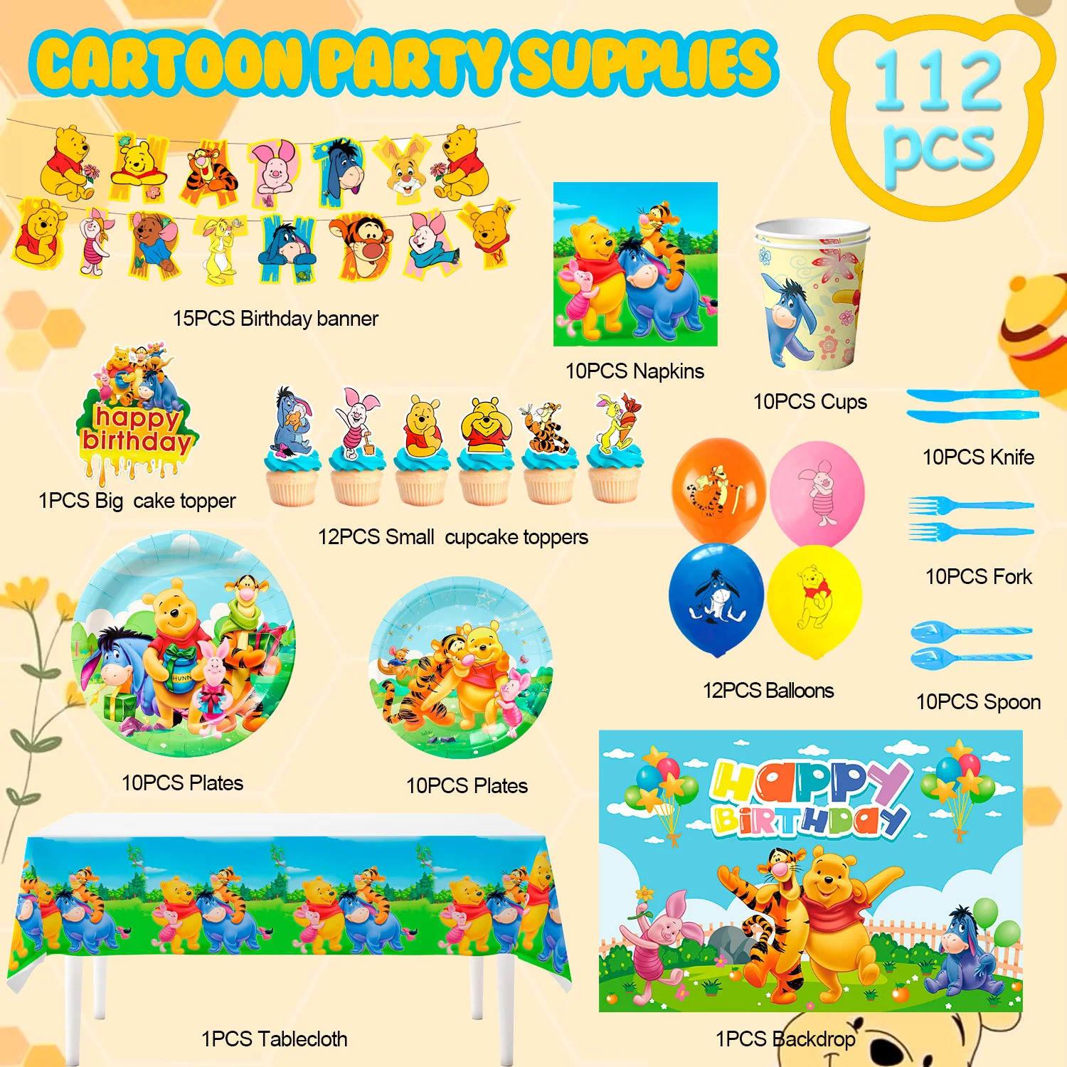 Birthday Party Supplies, 112 pcs Include Happy Birthday Banner,Backdrop,Balloons, Plates, Napkins,Cake Topper etc.