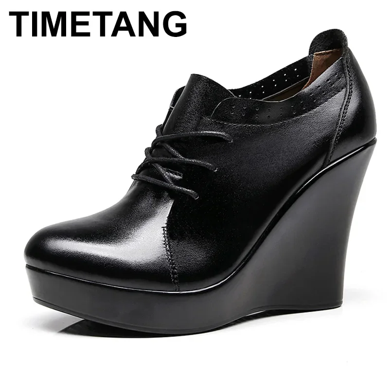 TIMETANGLace Up Wedges Shoes for Women Autumn Platform Pumps Woman High Heels Black Ladies Office Shoes Plus Size35-41E1293