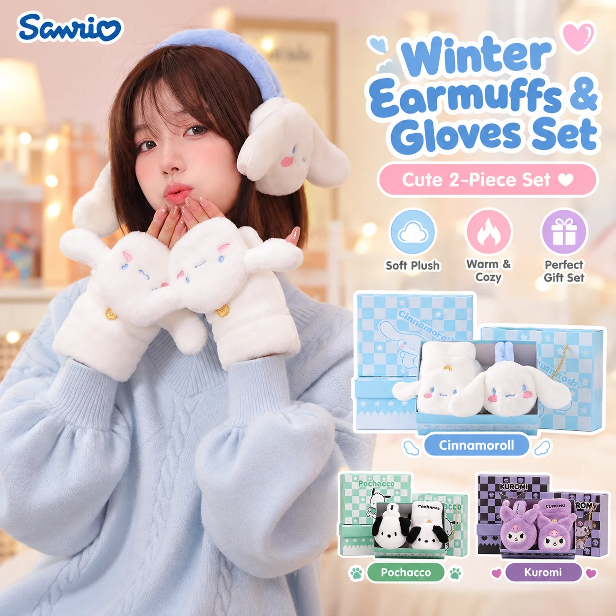 Sanrio Winter Earmuffs & Gloves 2‑Piece Set Kuromi Pochacco Soft Plush Warm Cozy Flip‑Top Gloves Cute Women Winter Gift Set