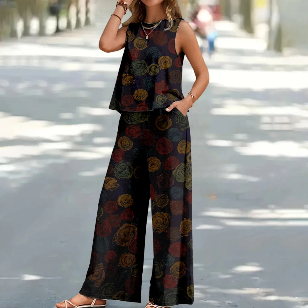 

Women's Summer Sleeveless Tank Top Hawaii Loose Comfort Wide Leg Pants Women's Casual Vacation Fashion Set Classic Two Piece Set
