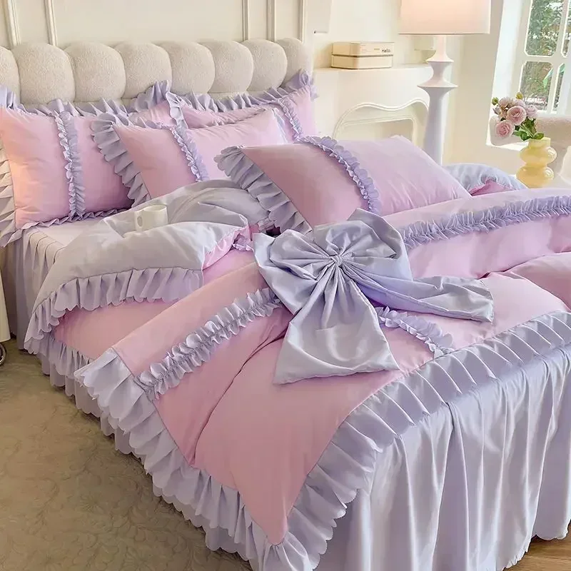 High Quality Large Bow Lace Duvet Covers Four Piece Set Anti Slip Lace Bed Skirt and Bed Cover Princess Style Frosted Bed Sheet