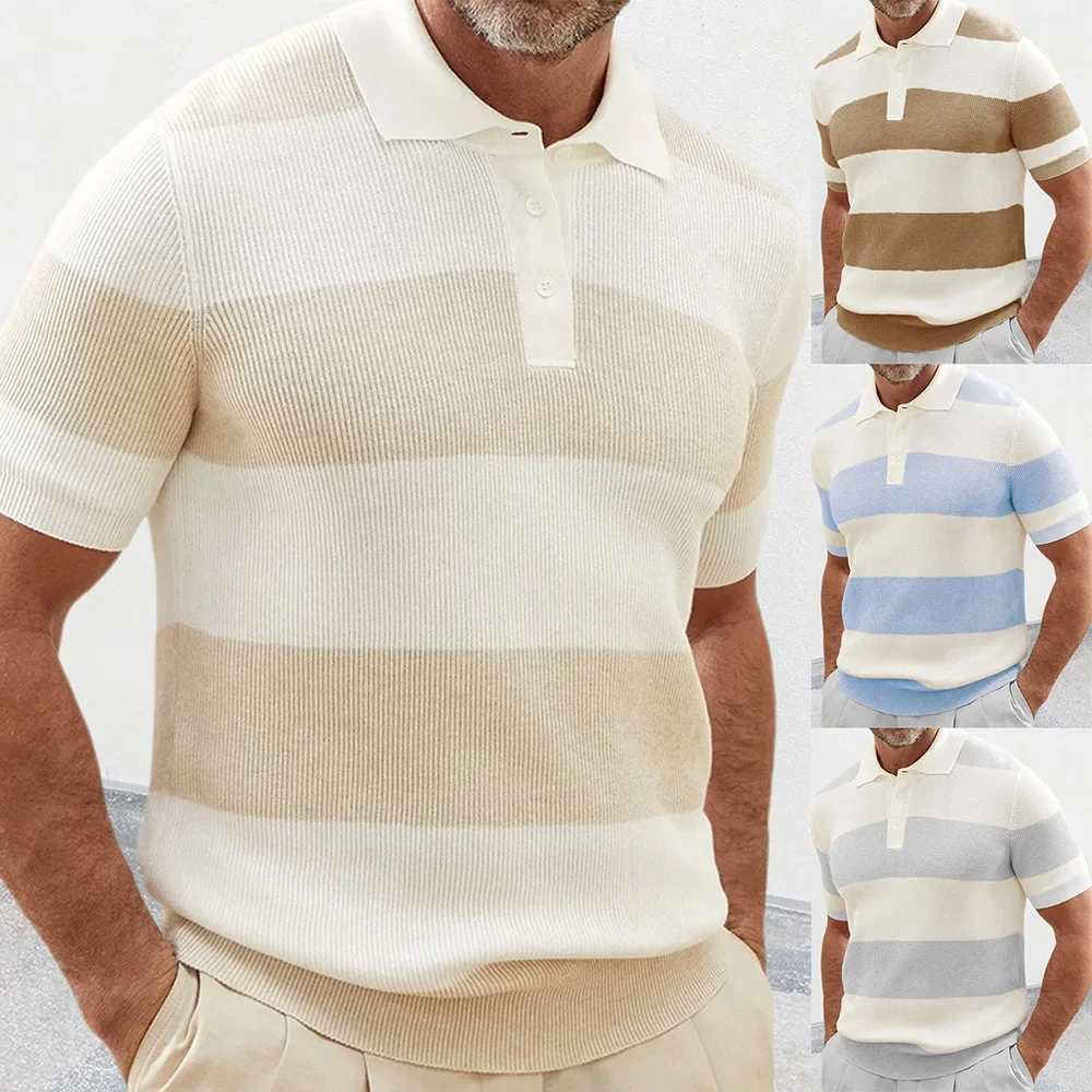 

2024 new polo shirt men's color matching short-sleeved lapel knitted sweater European and American muscle men's clothing