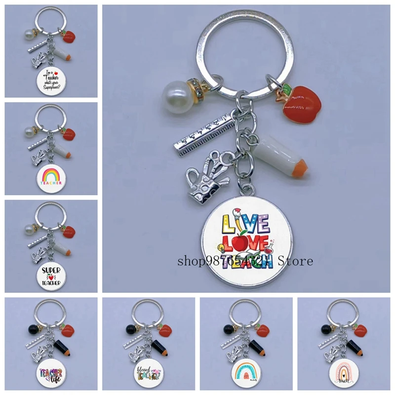 

New Teacher's Day Gift Keychain Jewelry Thank You Teacher Cute Pattern Keychain Pencil, Ruler, Pen Holder, Red Apple Pendant