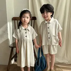 2024 Summer Clothes Brother Sister Outfits Girl Children Linen Solid Short Sleeve Dress Boy Baby Loose Casual Tops+Shorts 2pcs