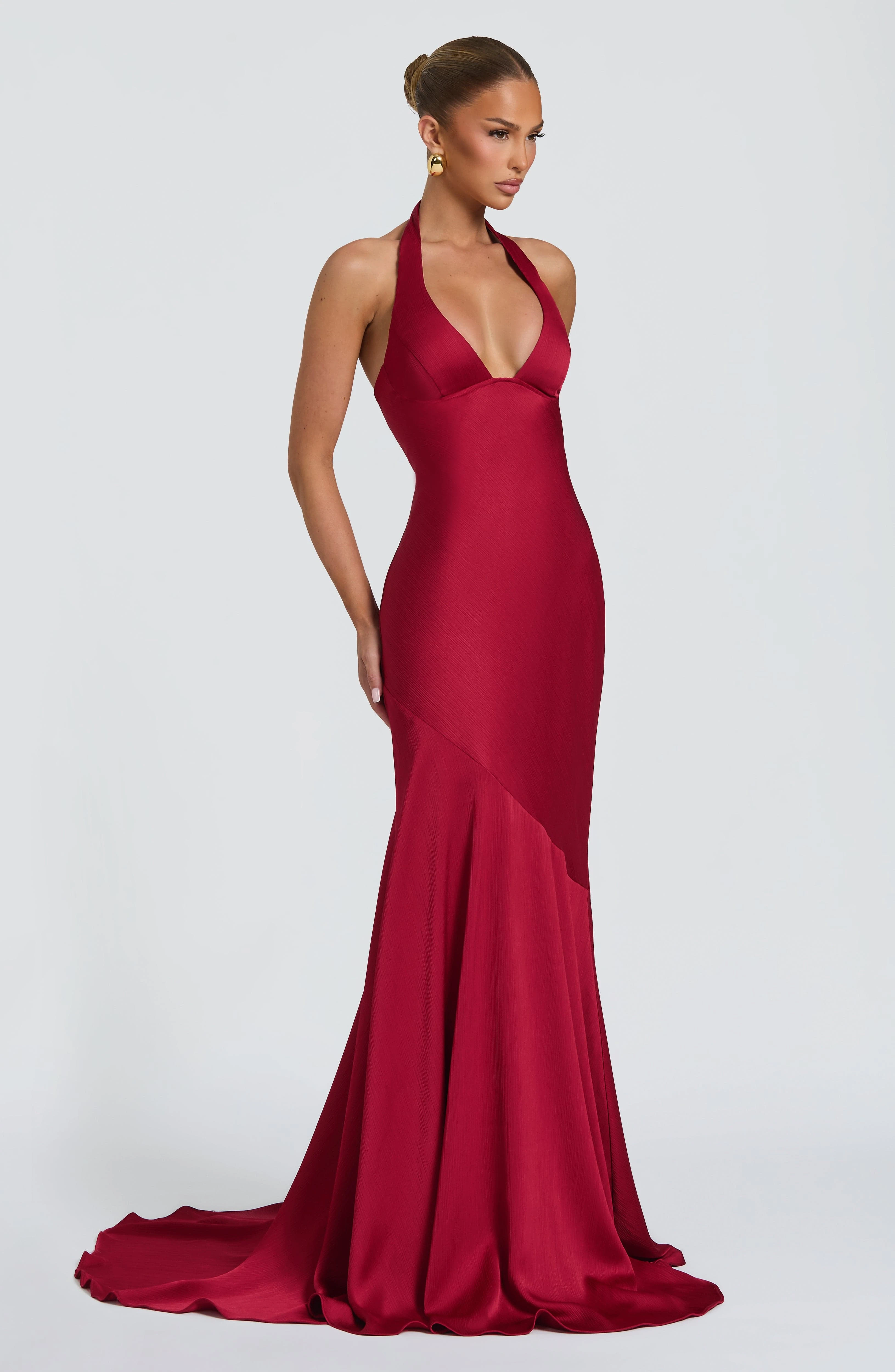 Burgundy Halter Deep V Mermaid Evening Gown Textured Satin Floor Length Dress with Train Wedding Guest Prom Formal Dresses