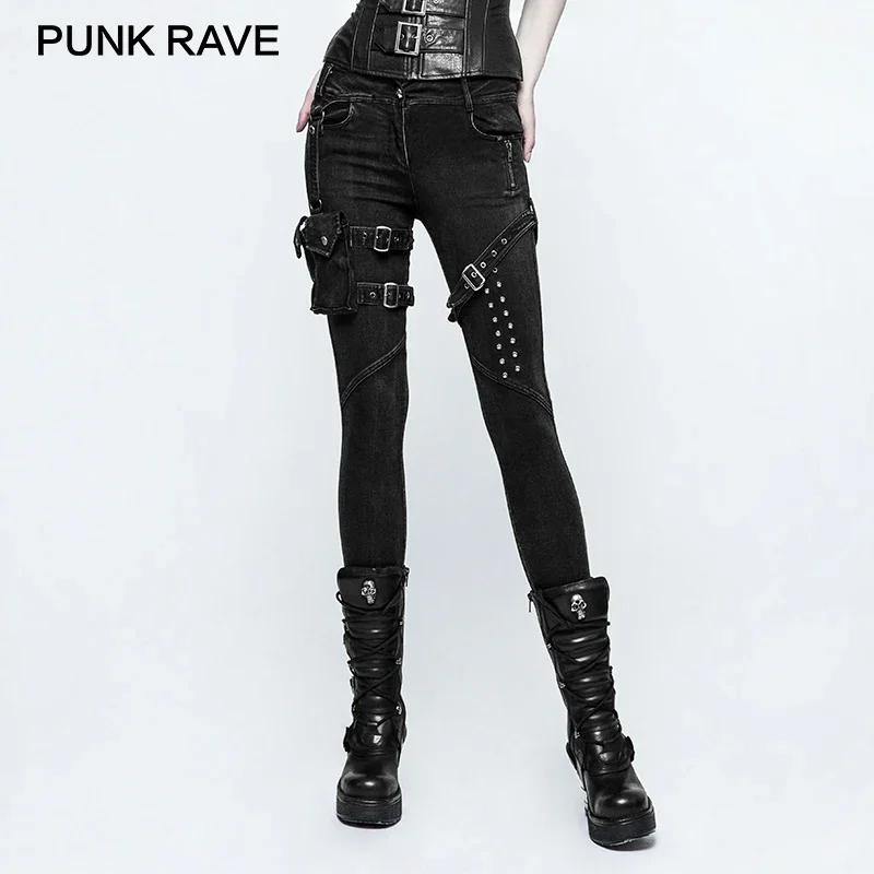 PUNK RAVE New Big Trousers Pocket Rivet Button Belt Punk Rock Jeans Lady Skinny with High Waist Black Denim Pants for Women