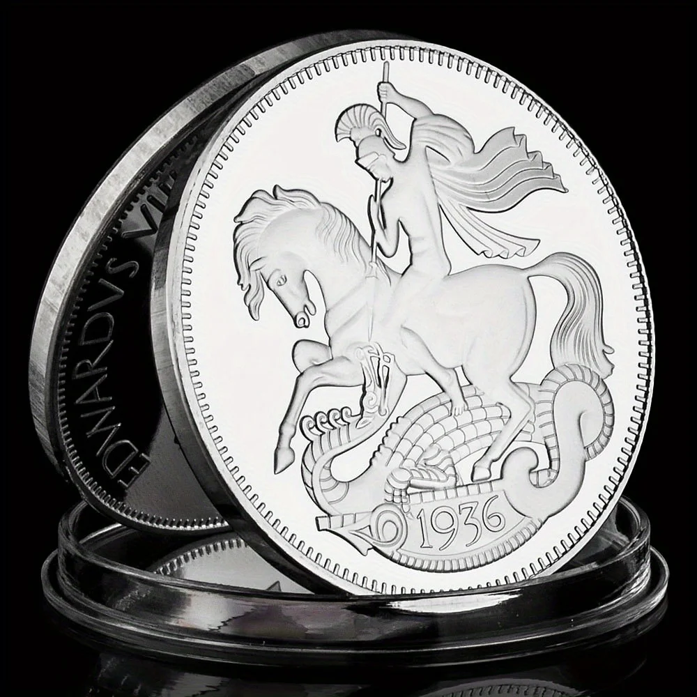 King Edward VIII Collectible Silvery Plated Souvenir Coin Saint George and The Dragon Collection Art Commemorative Coin