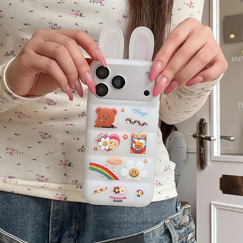 Capa de Celular Kawaii 3D com Orelhas de Coelho e Urso Fofo Arco-Íris para iPhone 17 Pro 16 15 14 Pro Max, Capa Protetora Antichoque de Desenho Animado