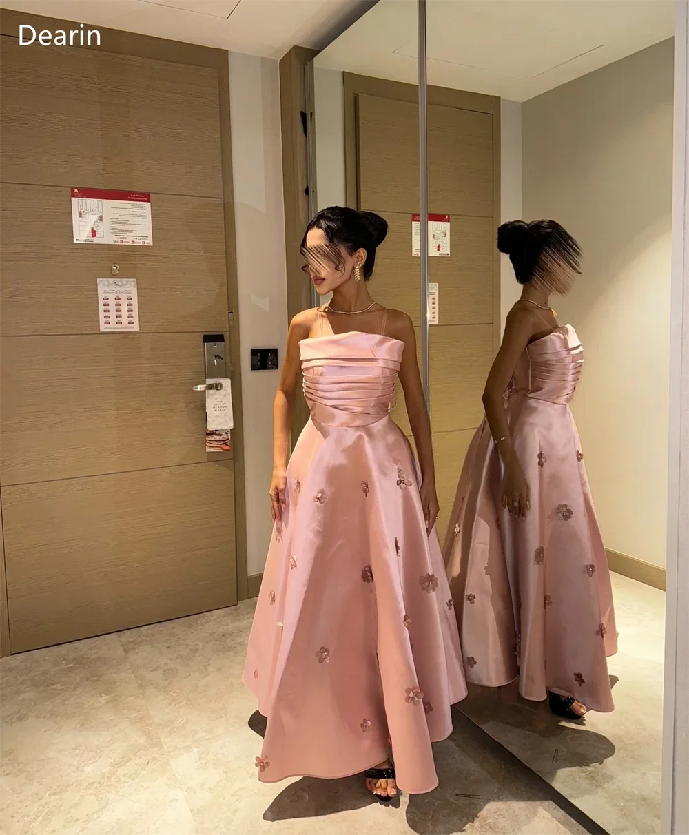 Customized Formal Dress Prom Women Dearin Strapless A-line Floor Length Skirts Draped Shirred Sleeveless Applique 3D Flower Besp