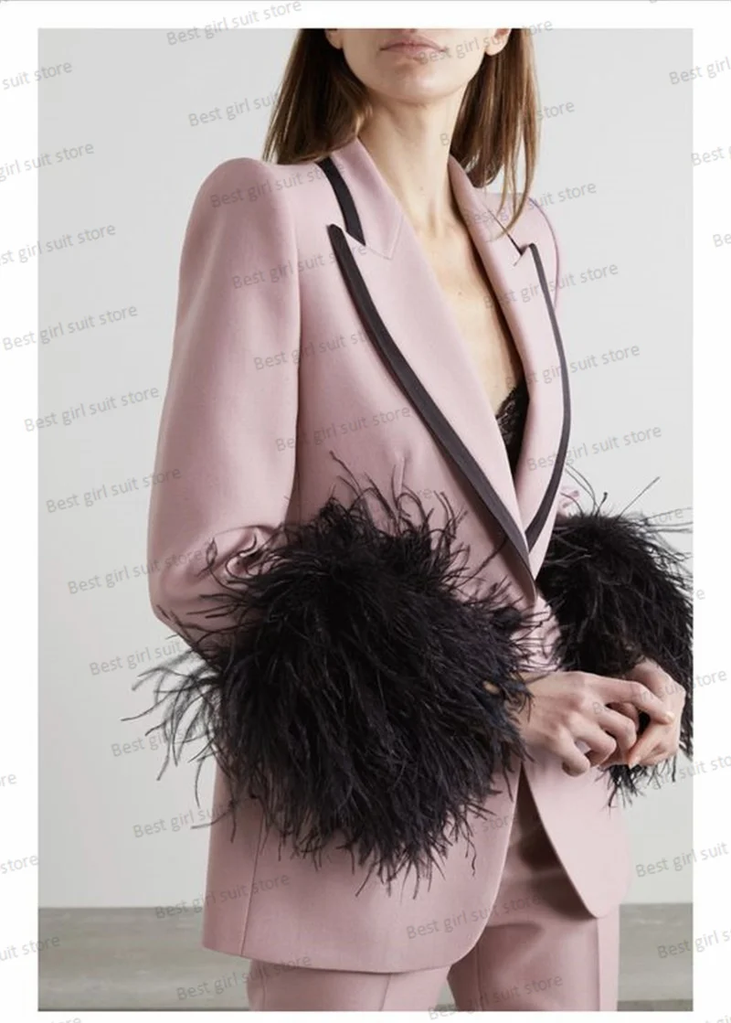 Straußen feder Frauen Anzug Set Blazer gerade Hose 2 Stück Ballkleid rosa schwarz Party Jacke Mantel volle Ärmel maßge schneidert