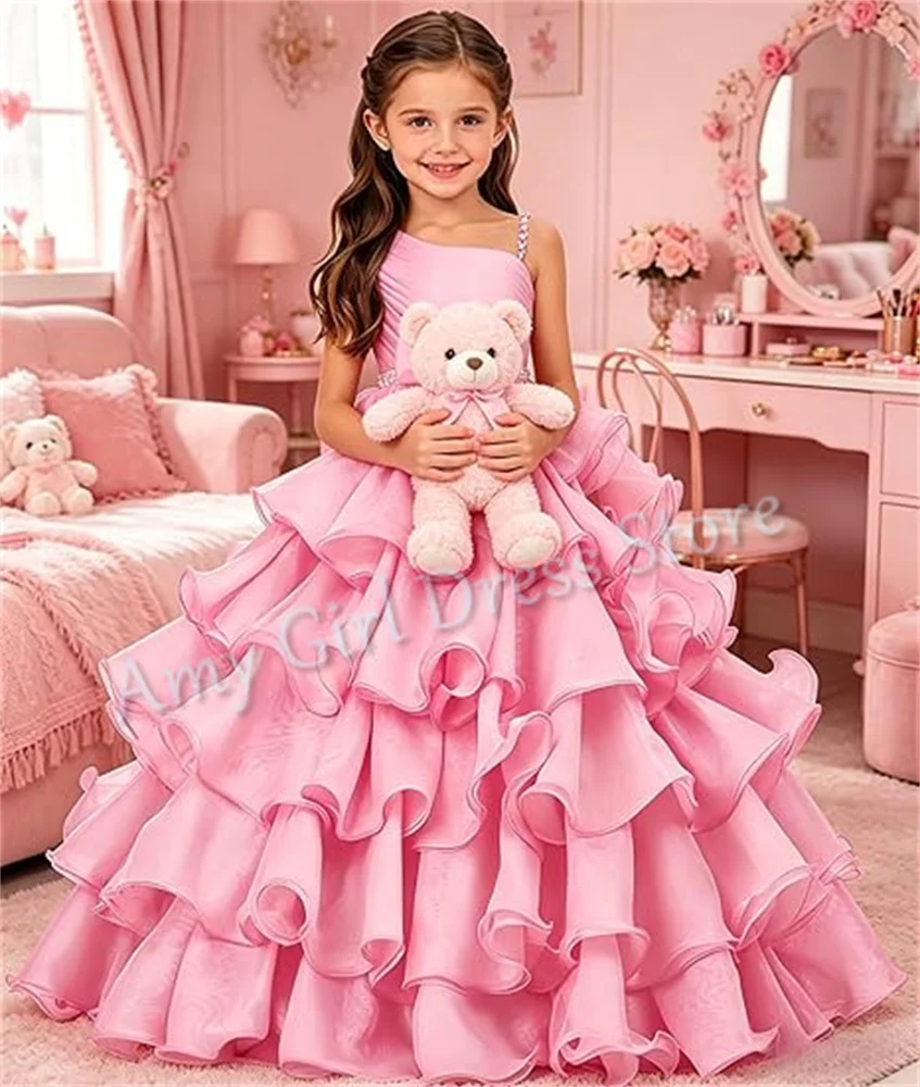 

Customized Pink Flower Girl Dress For Wedding One Shoulder Tiered Floor Length Lovely Little Princess Pageant Birthday Ball Gown