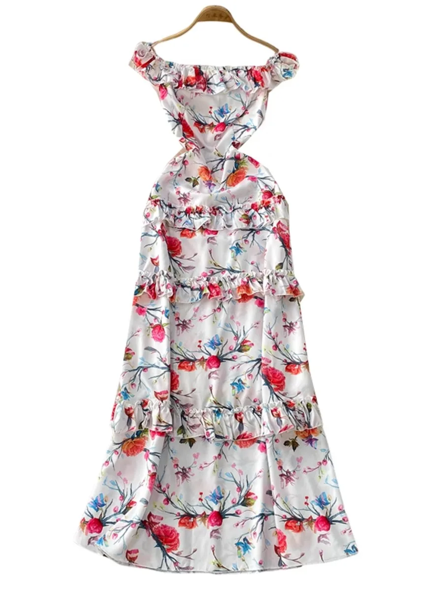 Foamlina elegante fora do ombro flor impressão maxi vestido feminino verão retro romântico cintura cinched emagrecimento plissado em camadas vestido