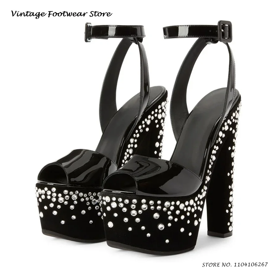 

Crystal Embellished Suede Platform Sandals Round Open Toe Chunky Heel Party Dress Shoes Women's Summer Catwalk Runway High Heels
