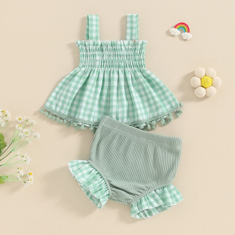 Baby Girls Shorts Set Sleeveless Plaid Camisole with Elastic Waist Shorts Summer Outfit