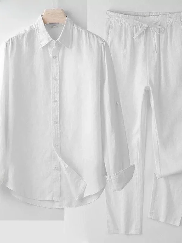 

Long Sleeve Shirt Set Men's Summer Thin Loose Casual Shirt Nine Points Pants Spring Autumn Youth Men's Two Piece Set Cotton L...