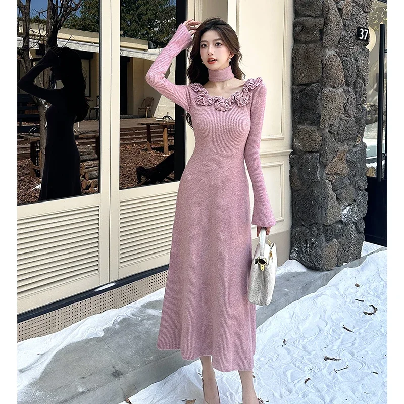 

Autumn/Winter New Round Neck Gentle Scarf Flower Pink Knitted Dress Luxury Sweet Waist Cinched Slimming Long Dress for Women
