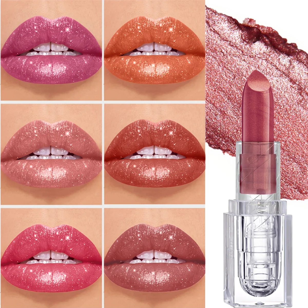 진주 빛 핑크 글리터 벨벳 립스틱 메탈릭 방수성 오래 지속되는 매트 쉬머 다이아몬드 립스틱 여성 메이크업 화장품