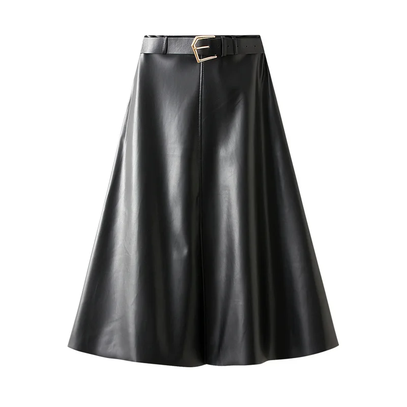 High Waist Vintage Patchwork Women's PU Leather Umbrella Skirts Sashes Autumn Winter 2025 New Solid Loose A-line Skirt Female